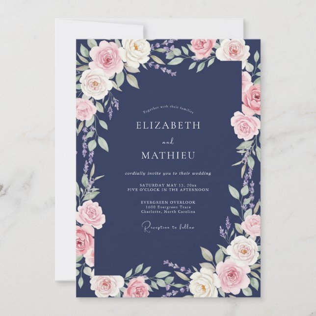 Invitation Mariage Fleur Rose Indigo (Devant)