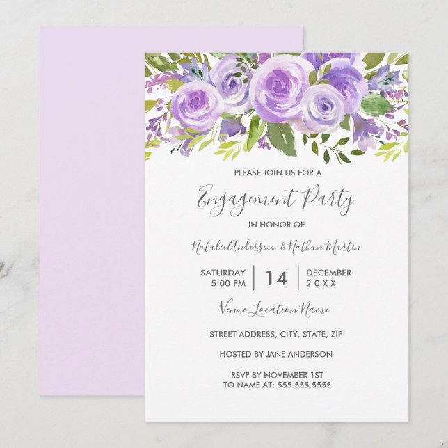 Invitation Mariage Fleur Rose Lavande Fête de Fiançailles (Devant / Derrière)