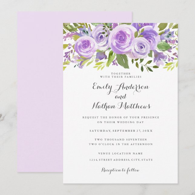 Invitation Mariage Fleur Rose Lavande Violette Élégant (Devant / Derrière)