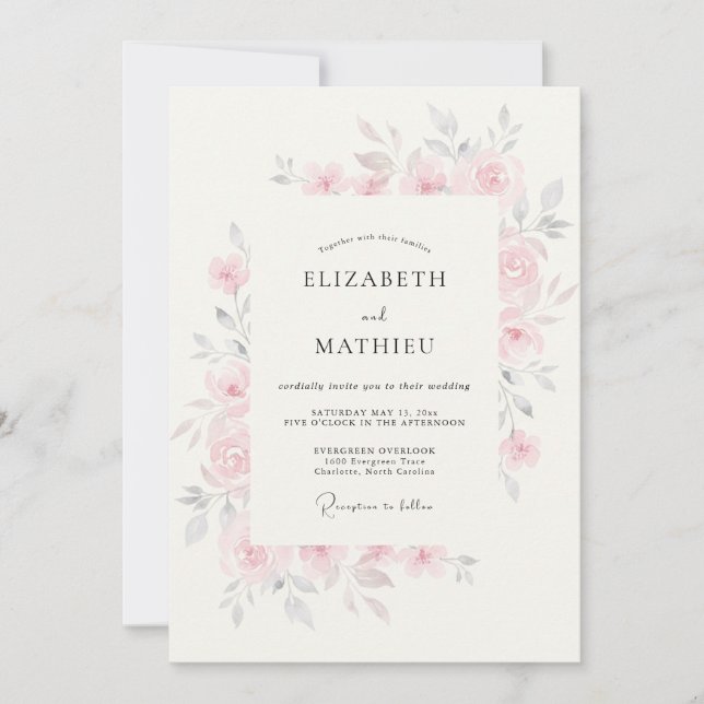 Invitation Mariage Fleur Rose Pâle Aérienne (Devant)