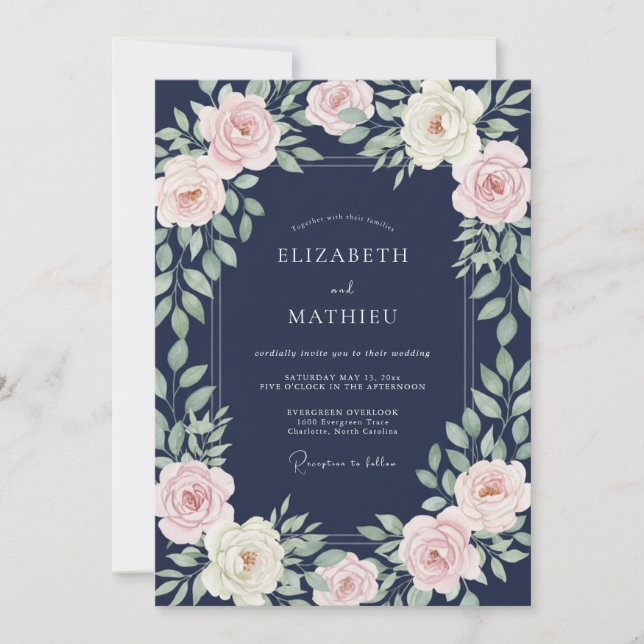 Invitation Mariage Fleur Rose Pâle Navy (Devant)