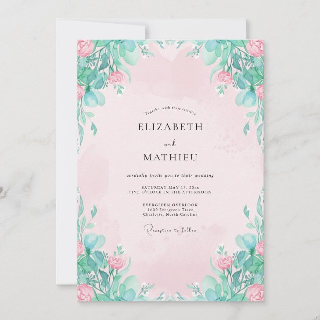 Invitation Mariage Fleur Rose Pétale de Menthe (Devant)