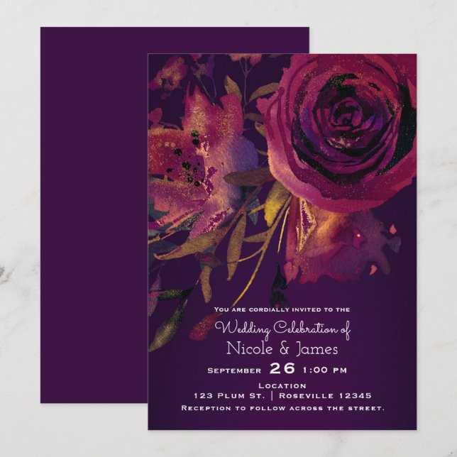 Invitation Mariage Fleur Rose Pourpre Gras Vin de Bourgogne (Devant / Derrière)
