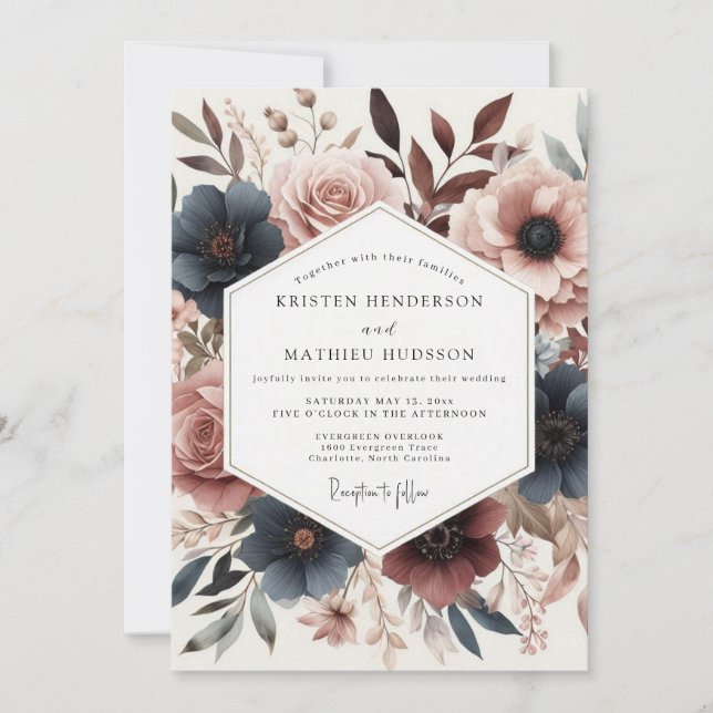 Invitation Mariage Fleur Rose Poussiéreuse Bleu Canard Profon (Devant)