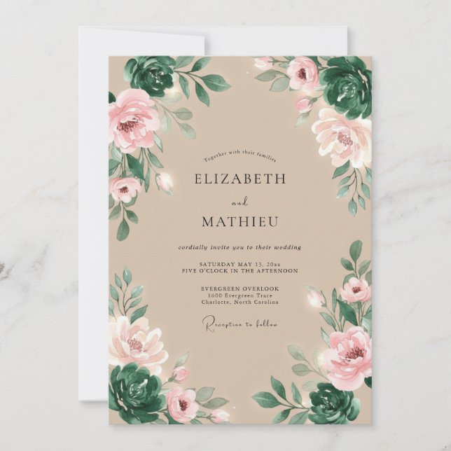 Invitation Mariage Fleur Rose Poussiéreuse Verdoyante (Devant)