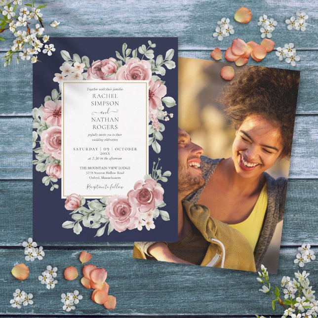 Invitation Mariage Fleur Rose Poussiéreux Bleu Marine Photo O (Navy Blue Dusty Rose Floral Gold Wedding Photo Invitation)