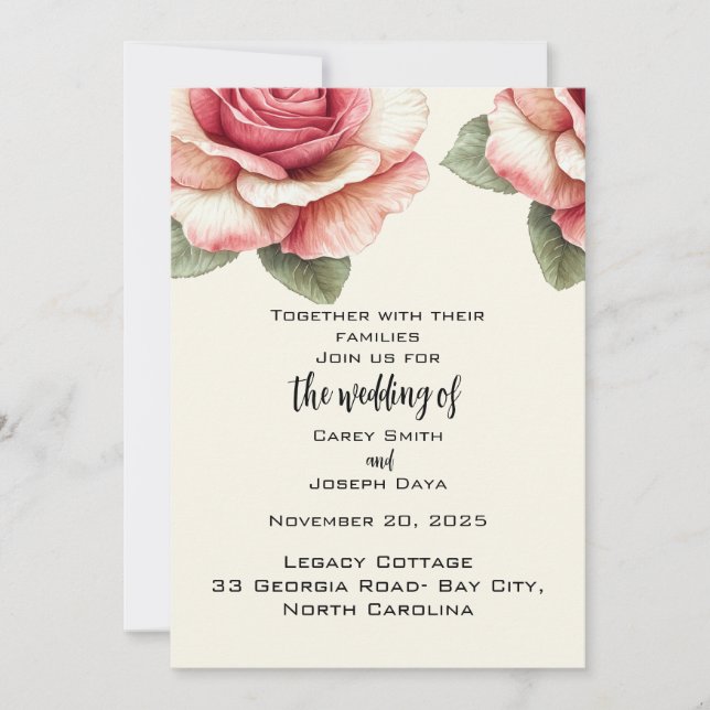 Invitation Mariage Fleur Rose Rose Pâle  (Devant)
