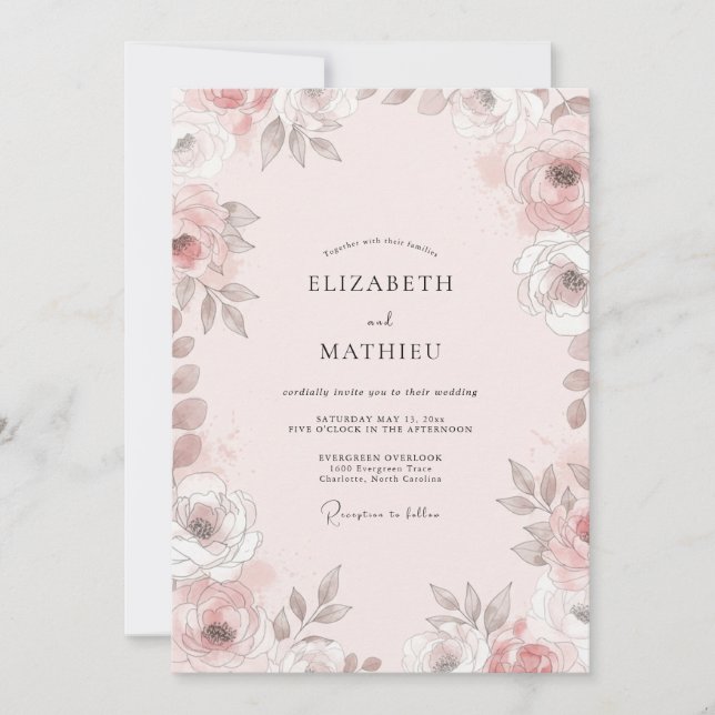 Invitation Mariage Fleur Rose Taupe (Devant)