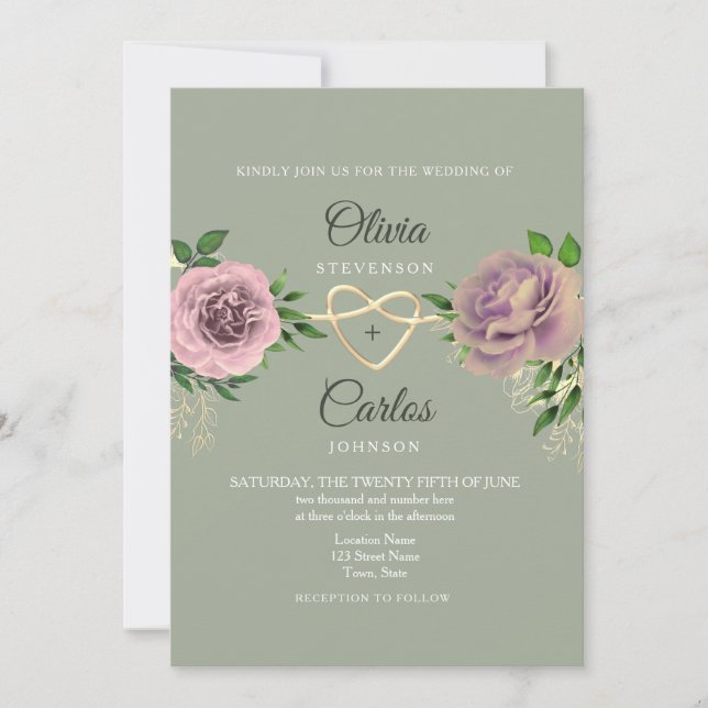 Invitation Mariage Fleur Rose Vert Sauge (Devant)