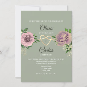 Invitation Mariage Fleur Rose Vert Sauge