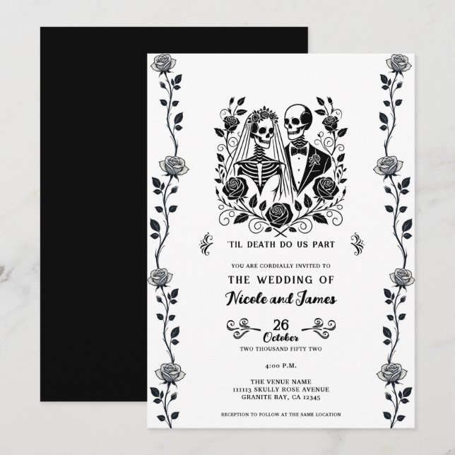 Invitation Mariage Fleur Rose Vigne Squelette Noir Blanc  (Devant / Derrière)