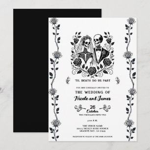 Invitation Mariage Fleur Rose Vigne Squelette Noir Blanc 