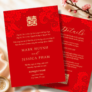 Invitation Mariage Fleur Rouge Bilingue Vietnamien Anglais