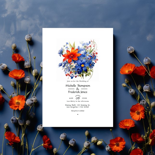 Invitation Mariage Fleur Royal Bleu et Tomate Cerise (Créateur téléchargé)