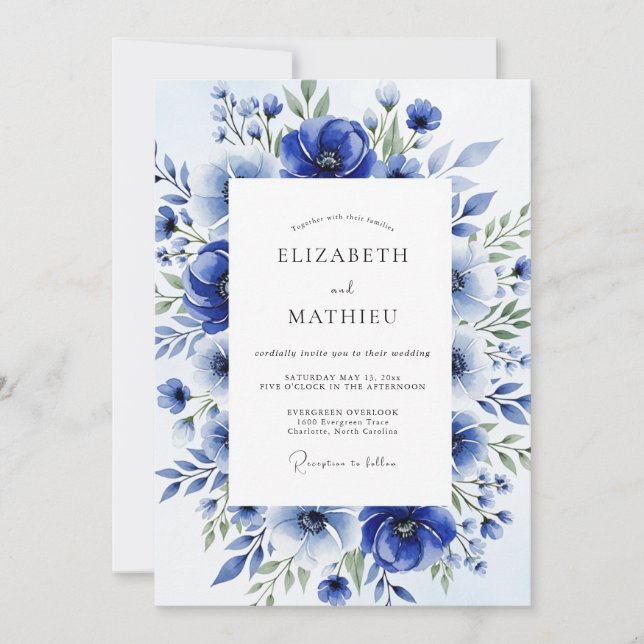 Invitation Mariage Fleur Royale Bleu Aquarelle (Devant)