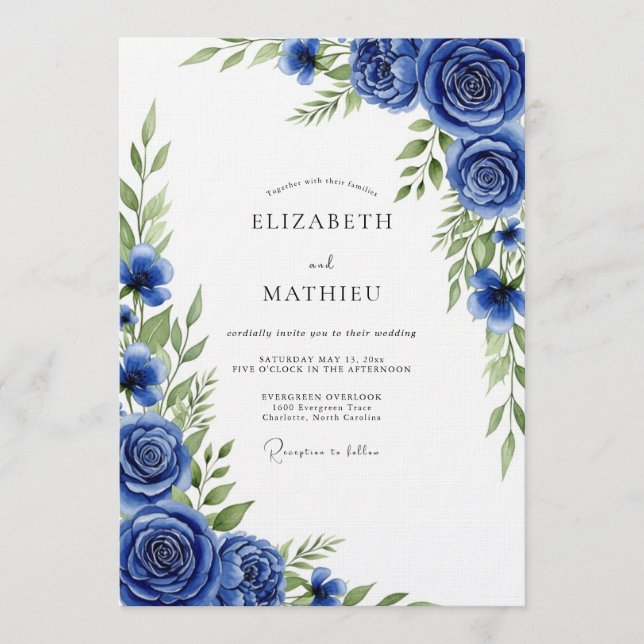 Invitation Mariage Fleur Royale Bleue Peinte (Devant)