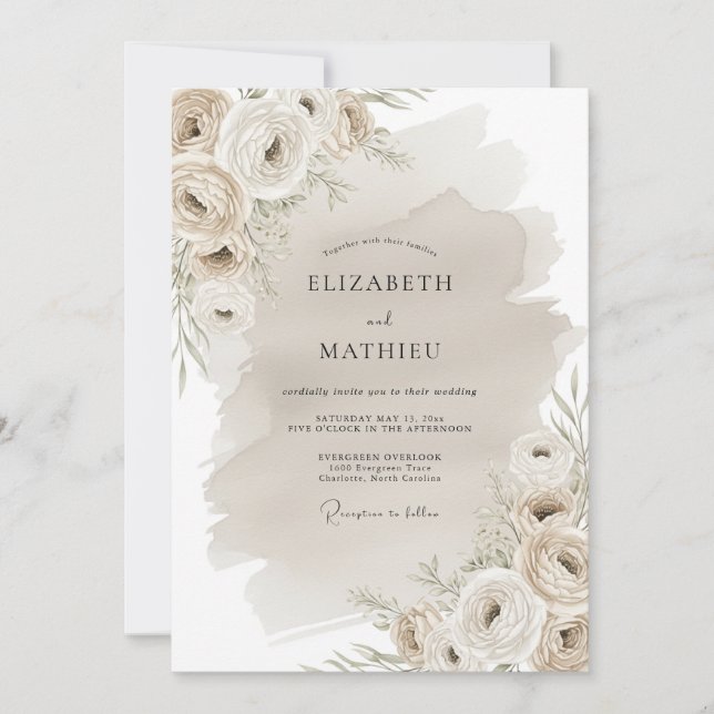 Invitation Mariage Fleur Rustique Beige (Devant)