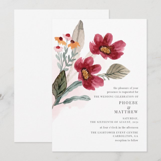 Invitation Mariage Fleur Rustique Moderne (Devant / Derrière)