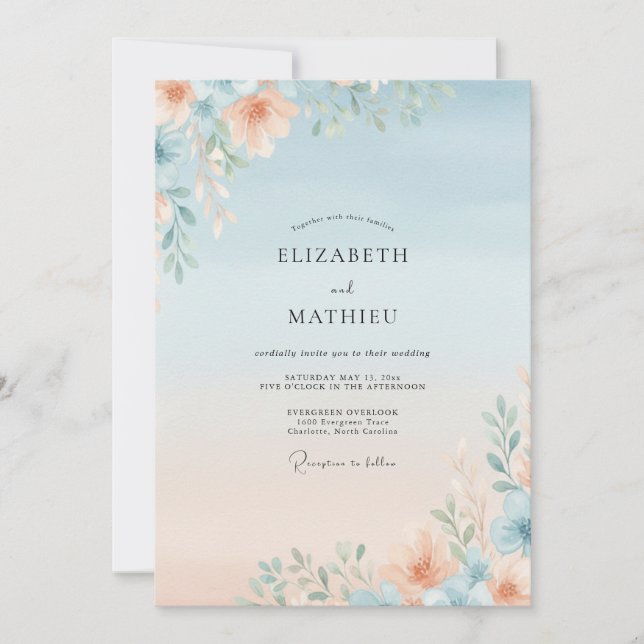 Invitation Mariage Fleur Sauvage Abricot Bleuet (Devant)