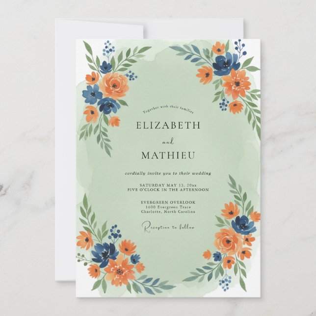 Invitation Mariage Fleur Sauvage Abricot Indigo (Devant)