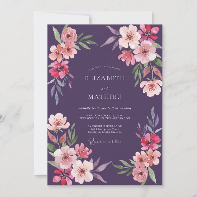 Invitation Mariage Fleur Sauvage Abricot Prune (Devant)
