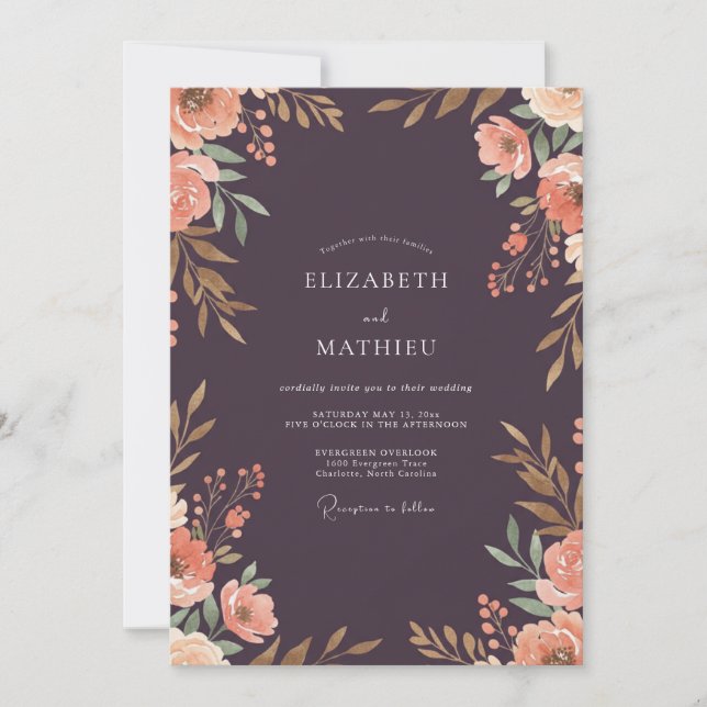 Invitation Mariage Fleur Sauvage Abricot Prune Profond (Devant)