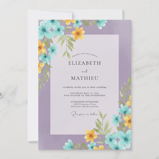 Invitation Mariage Fleur Sauvage Améthyste Aqua (Devant)