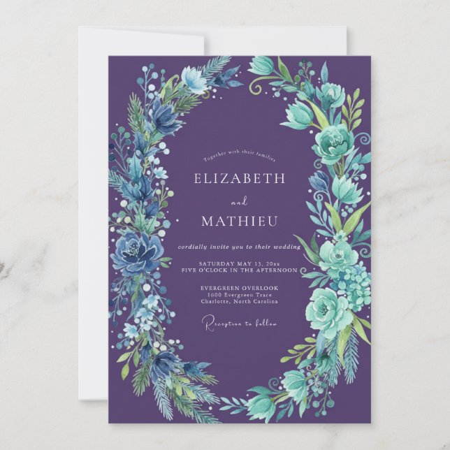 Invitation Mariage Fleur Sauvage Améthyste Cyan Feuillu (Devant)
