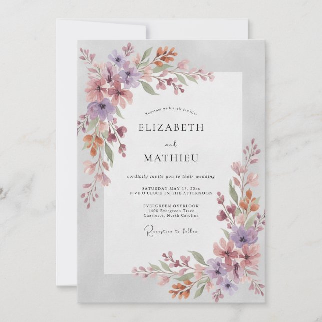 Invitation Mariage Fleur Sauvage Améthyste Mauve (Devant)