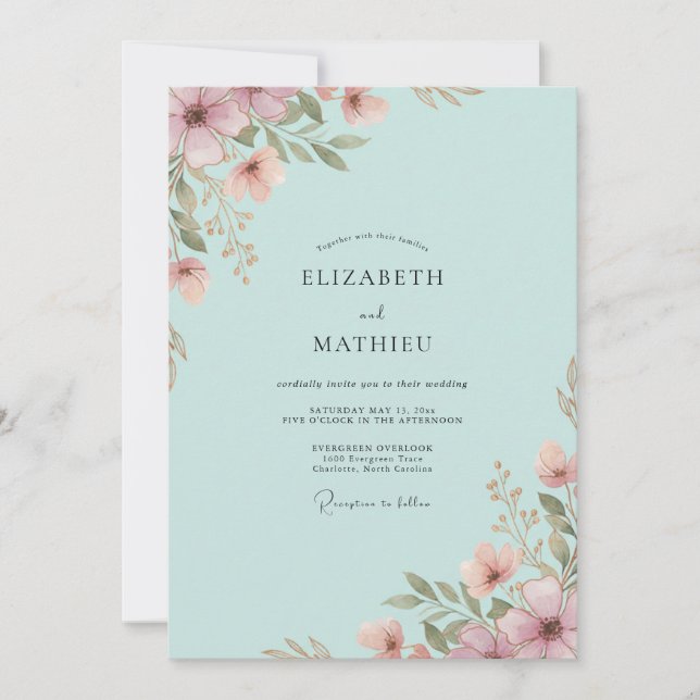 Invitation Mariage Fleur Sauvage Aqua Mauve (Devant)