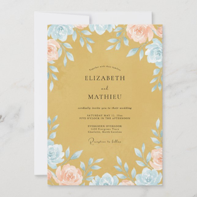 Invitation Mariage Fleur Sauvage Aqua Moutarde (Devant)