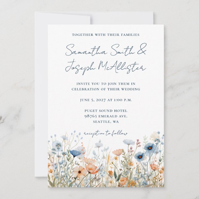 Invitation Mariage Fleur Sauvage Aquarelle Bleu Poussiéreux (Devant)