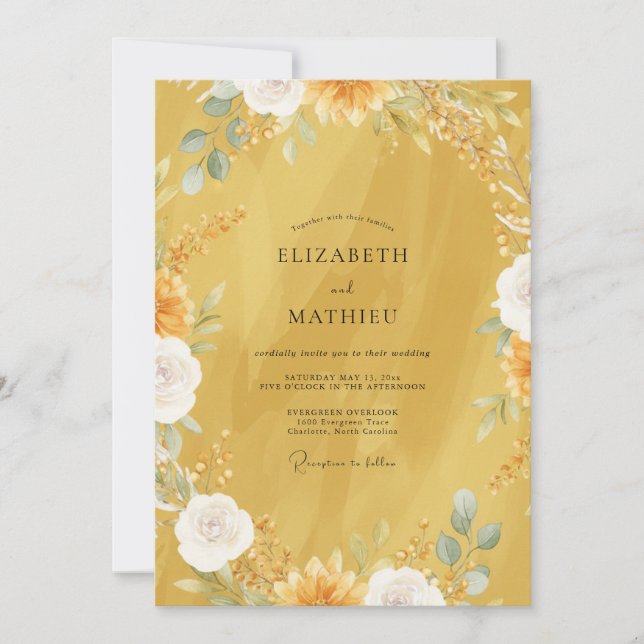 Invitation Mariage Fleur Sauvage Aquarelle Moutarde (Devant)