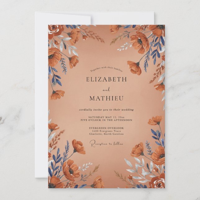 Invitation Mariage Fleur Sauvage Ardoise Rouille (Devant)
