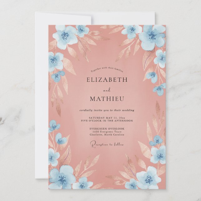 Invitation Mariage Fleur Sauvage Argile Céruléen (Devant)