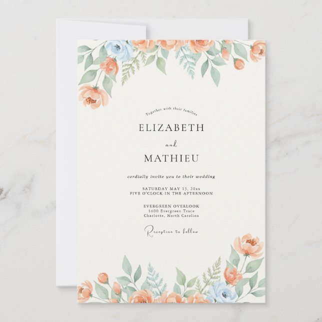Invitation Mariage Fleur Sauvage Azur Abricot (Devant)