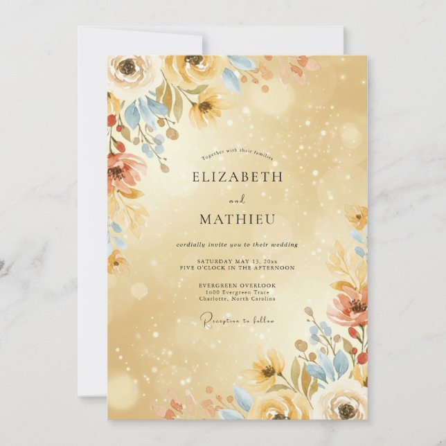 Invitation Mariage Fleur Sauvage Azur Doré (Devant)
