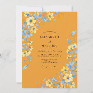 Invitation Mariage Fleur Sauvage Azur Doré Champagne