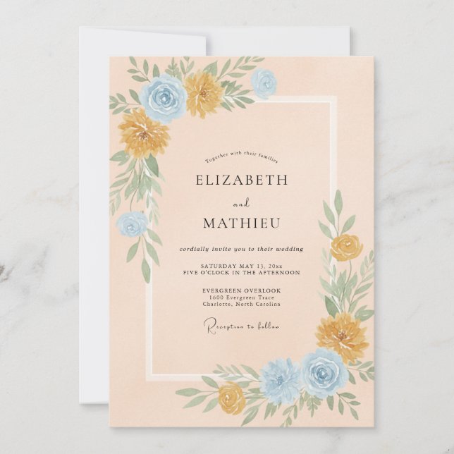 Invitation Mariage Fleur Sauvage Azur et Or (Devant)