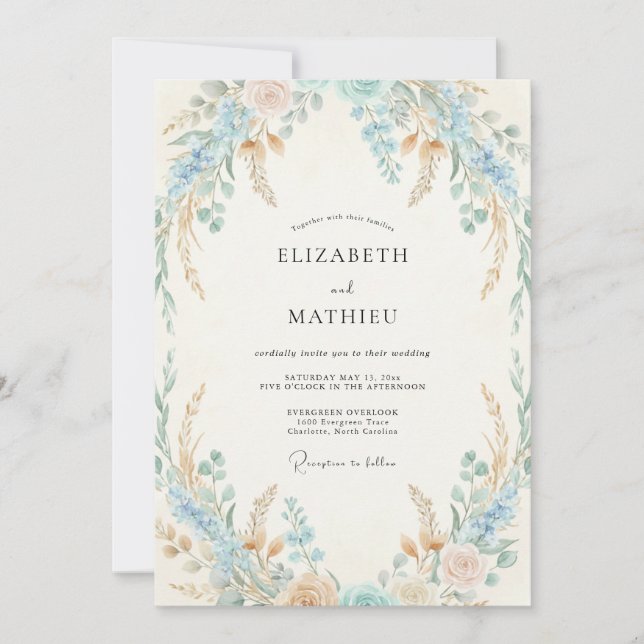 Invitation Mariage Fleur Sauvage Azur et Pêche Douce (Devant)