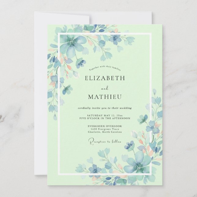 Invitation Mariage Fleur Sauvage Azur Menthe (Devant)