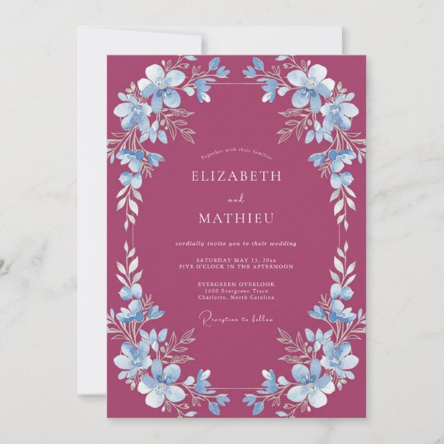 Invitation Mariage Fleur Sauvage Azur Merlot (Devant)