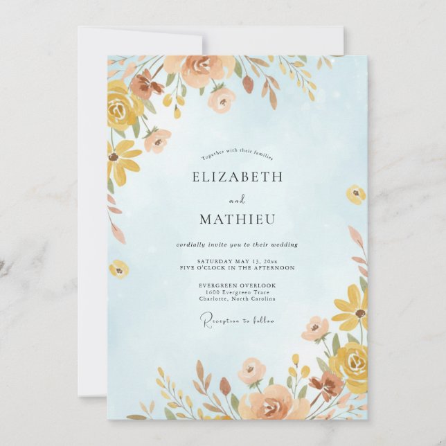 Invitation Mariage Fleur Sauvage Azur Or (Devant)