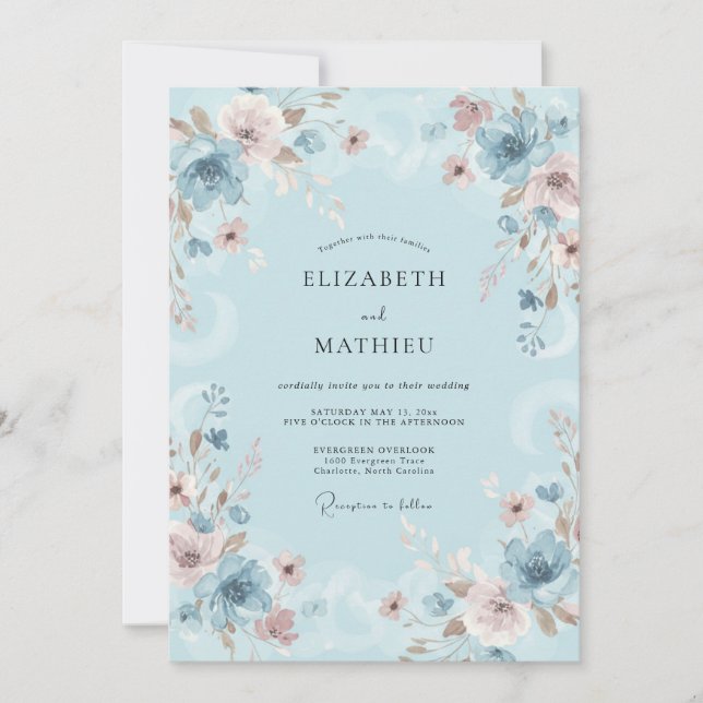 Invitation Mariage Fleur Sauvage Azur Poudre (Devant)