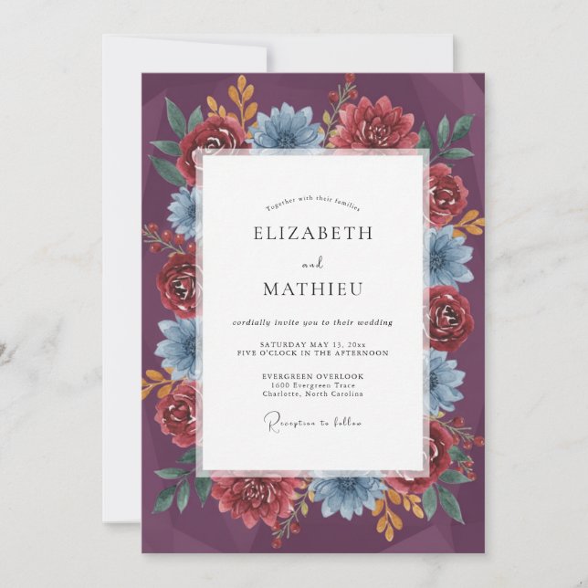 Invitation Mariage Fleur Sauvage Azur Pourpre (Devant)