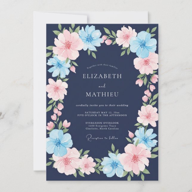 Invitation Mariage Fleur Sauvage Azur Rose Minuit (Devant)
