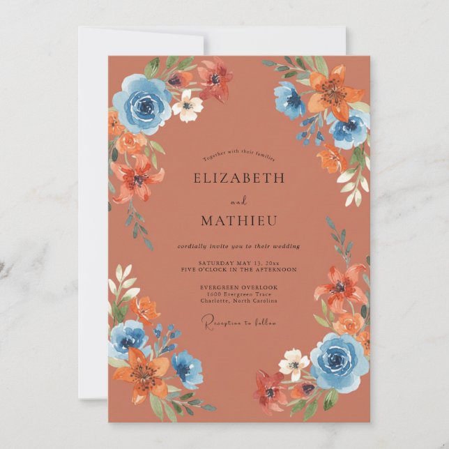 Invitation Mariage Fleur Sauvage Azur Terre Cuite (Devant)