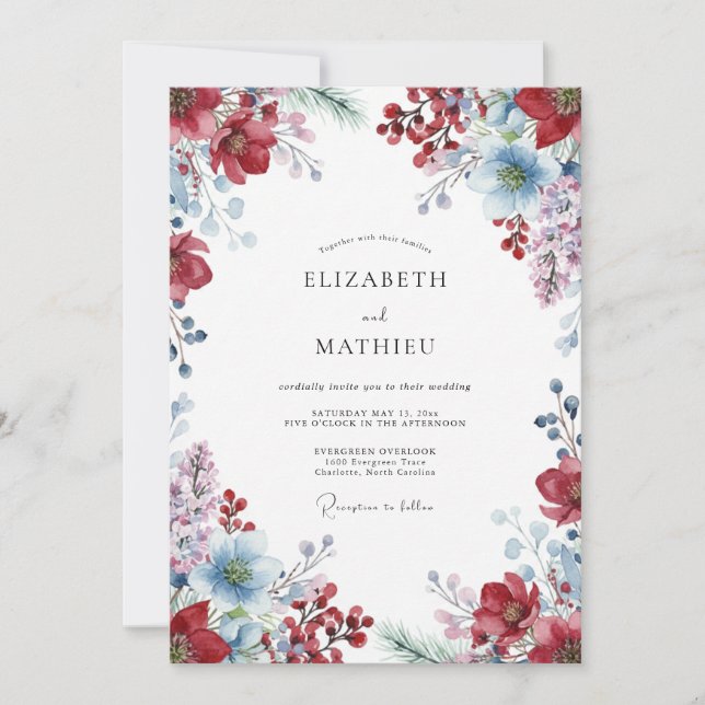 Invitation Mariage Fleur Sauvage Azur Vin (Devant)