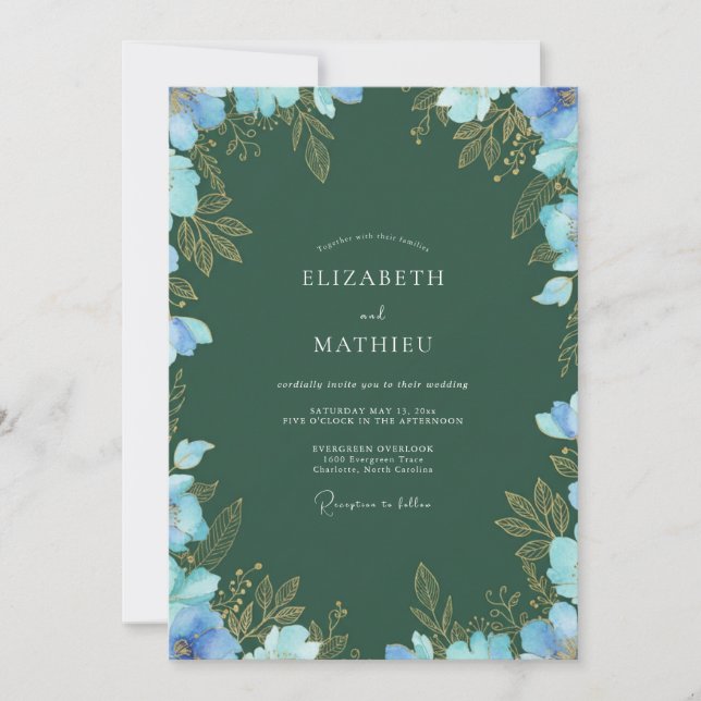 Invitation Mariage Fleur Sauvage Azurée en Forêt (Devant)
