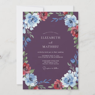 Invitation Mariage Fleur Sauvage Azurée et Prune Botanique
